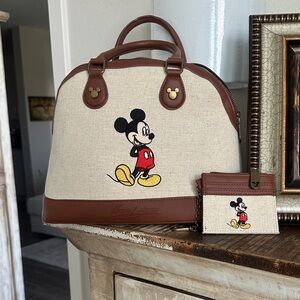Disney Beige Canvas & Brown Leather Mickey Mouse Satchel with Card Holder